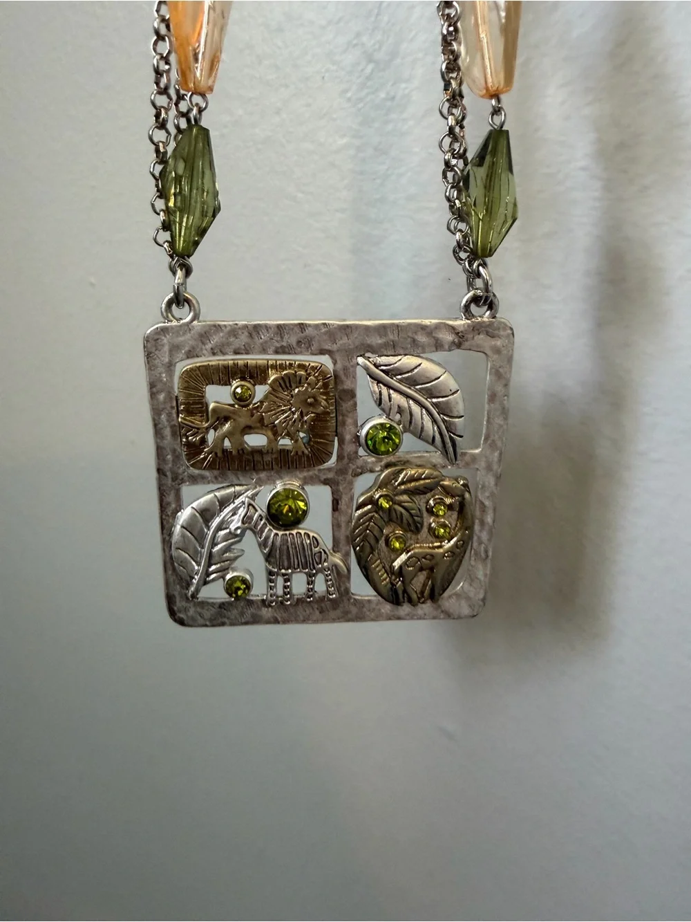 Vintage Safari Necklace Silver Gold Tone Lion Zebra Giraffe Statement Chunky